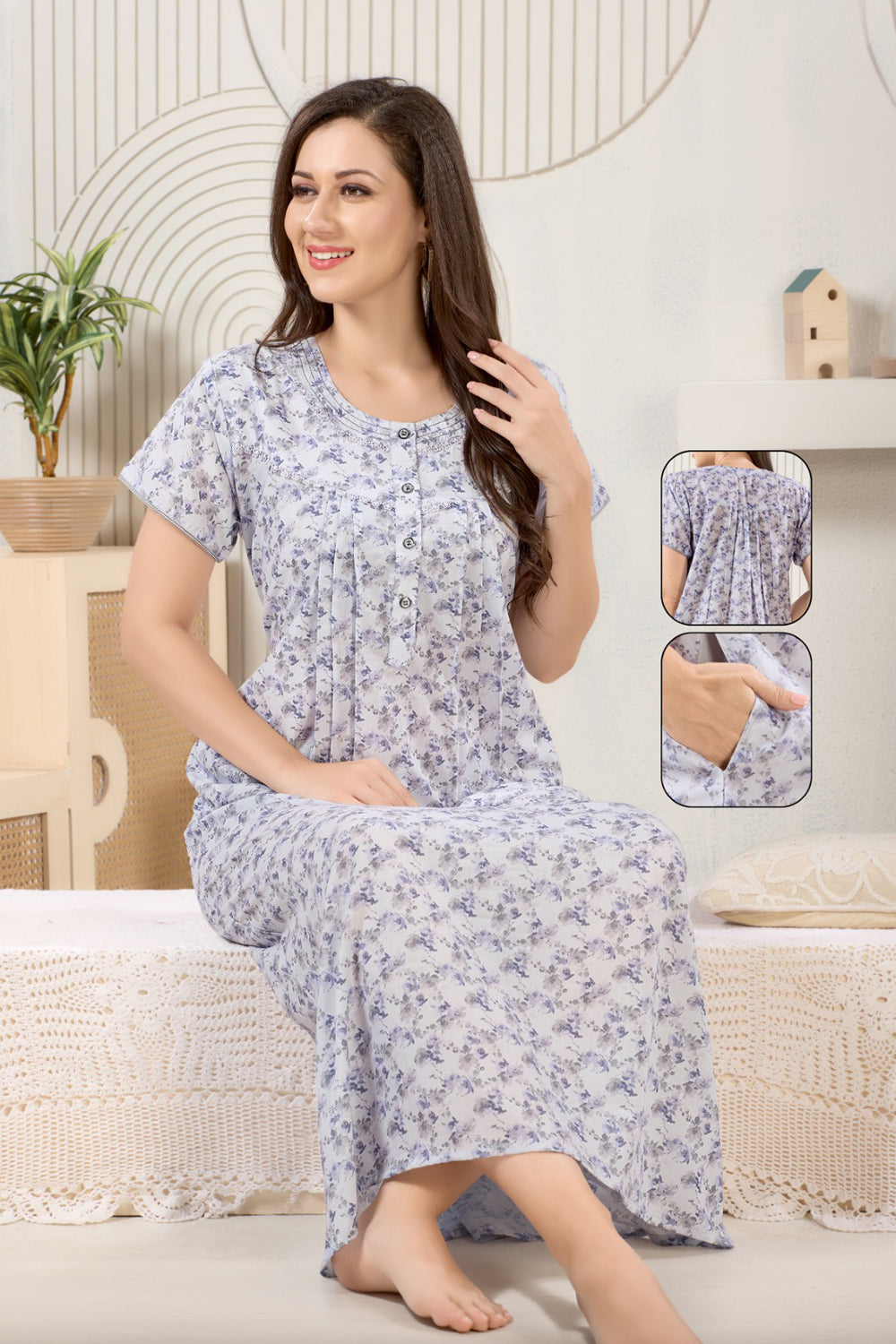 Women’s Poly Viscose Prints Pleated Nighty | Full Length Round Neck Night Dress with Short Sleeve | Relax Fit Sleepwear, Home Wear & Loungewear