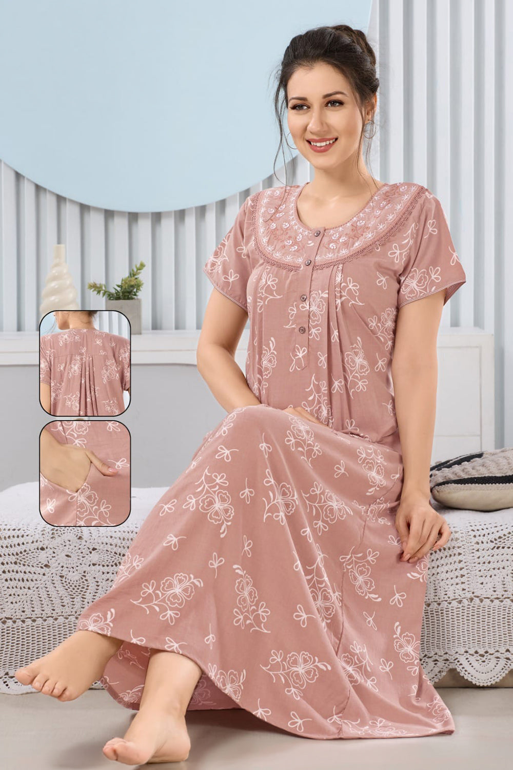 Women’s Poly Viscose Prints Pleated Nighty | Full Length Round Neck Night Dress with Short Sleeve | Relax Fit Sleepwear, Home Wear & Loungewear