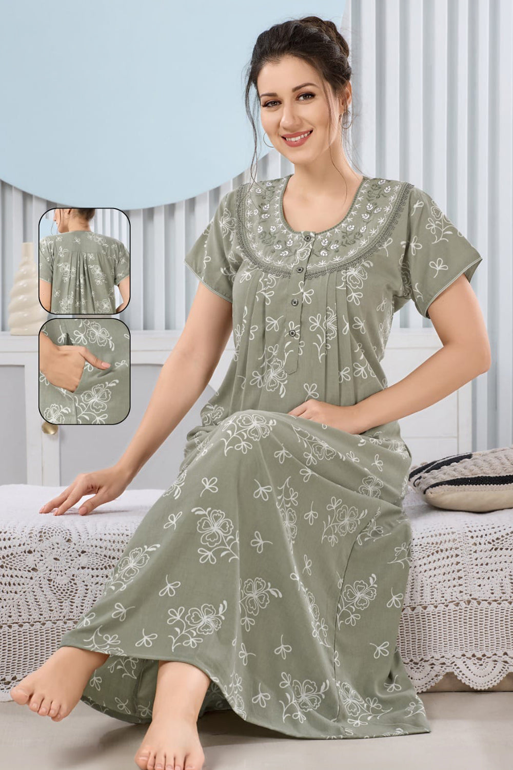 Women’s Poly Viscose Prints Pleated Nighty | Full Length Round Neck Night Dress with Short Sleeve | Relax Fit Sleepwear, Home Wear & Loungewear