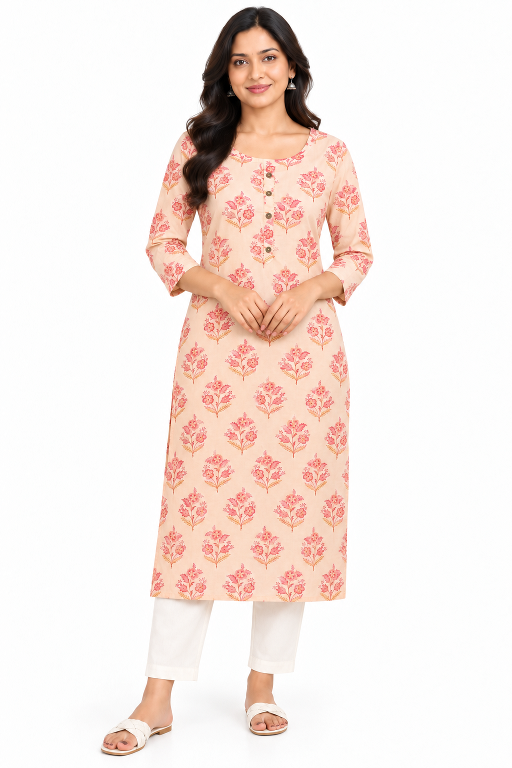 Women's Prints Cotton Blend Kurti with Round Neck, 3/4 Sleeve and Regular Fit - Below Knee | Casual Ethnic Wear Kurti for Daily Wear & Casual Outings - 3471