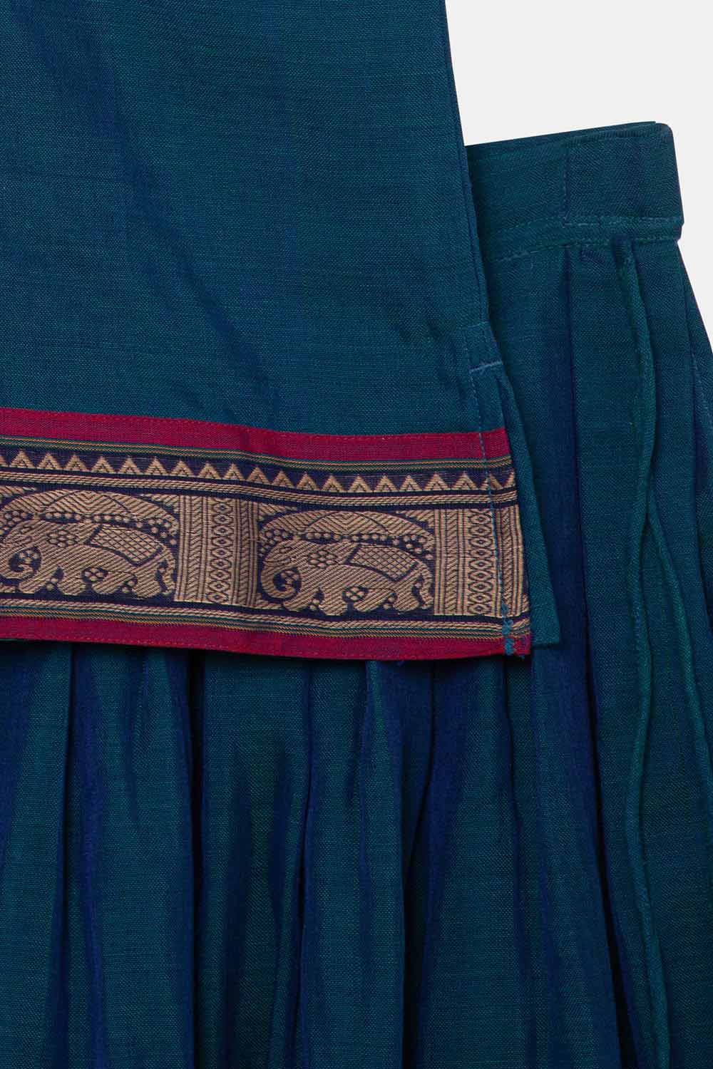 Chittythalli Girls Ethnic Pavadai Set – Hand Embroidered Fish Blouse with Box Pleated Skirt & Tassels - Blue - PS86