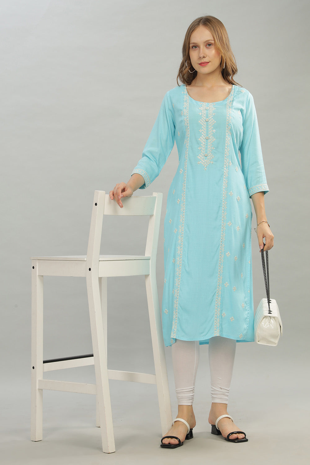 Mythri Round Neck Straight Cut Kurta with 3/4 Sleeves - Light Blue - KU41