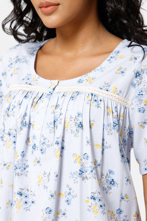 Naidu Hall Front Open Round Neck Short Sleeve Printed Nighty-Light blue - NT11