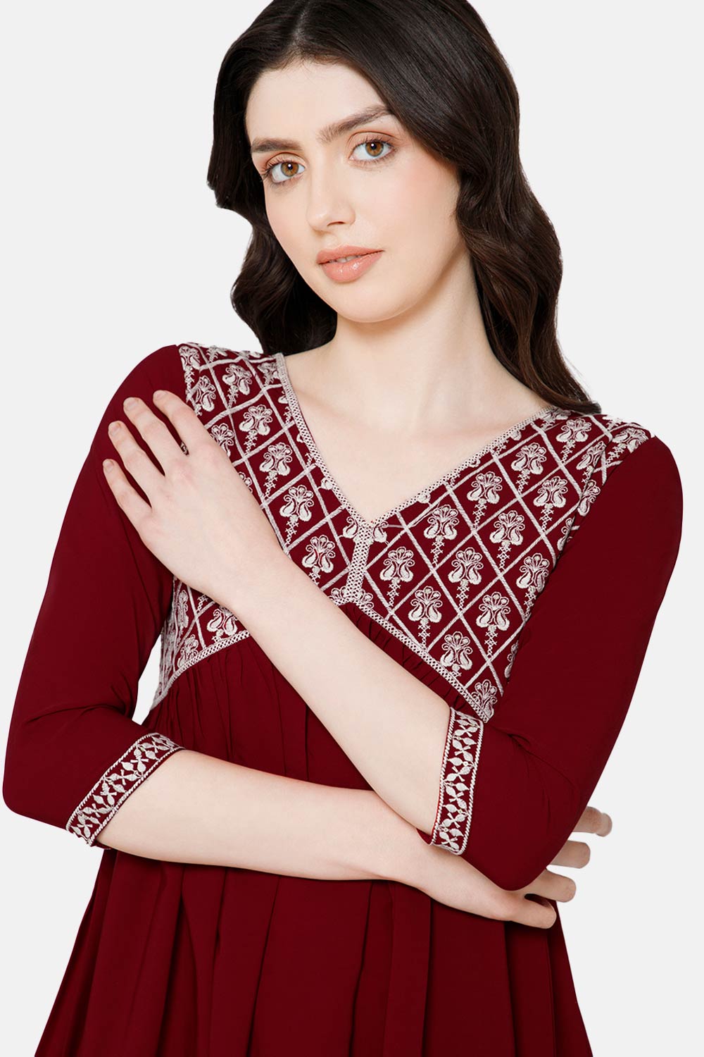 Mythri Women's Ethnic wear Kurthi with Elaborately Embroidered Front Yoke Design - Red - E070