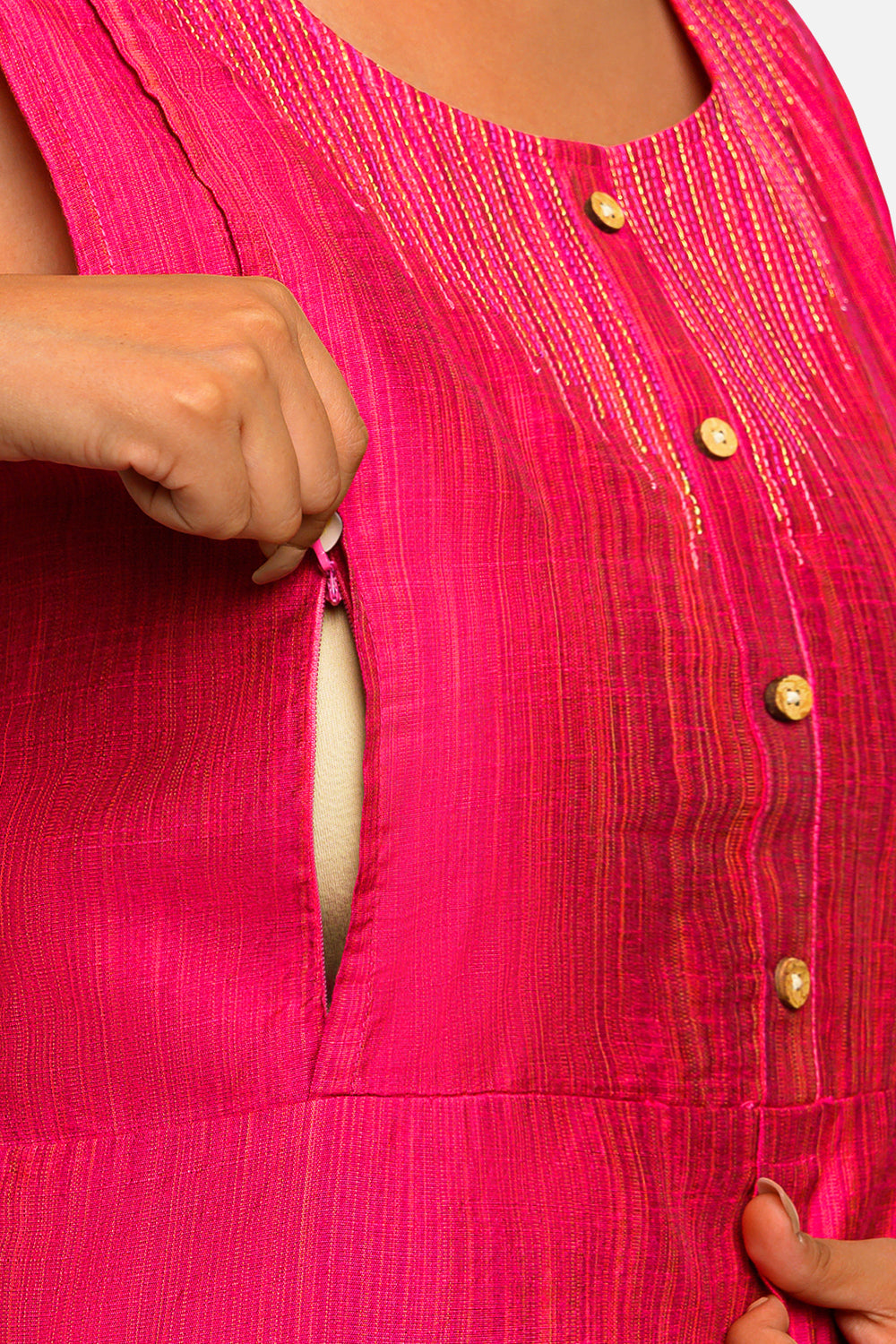 Oh Mom Sleeveless Cotton Maternity Kurthi with Round Neck and Feeding Zipper  - Pink - KU08