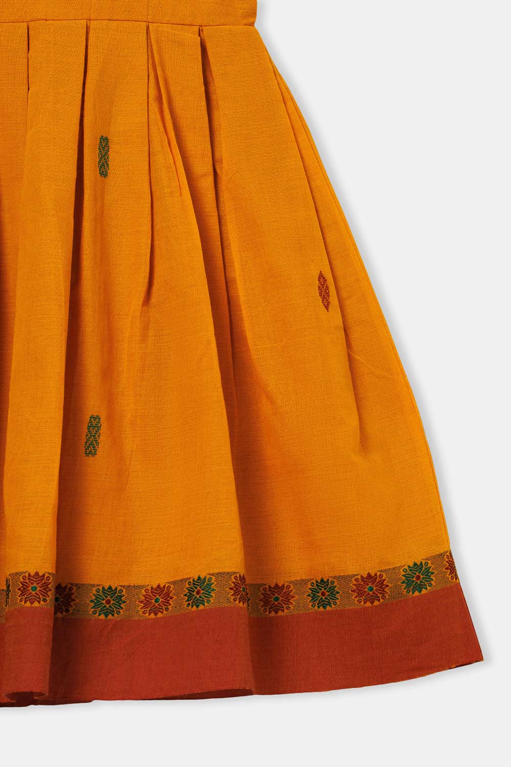 Chittythalli Girls’ Ethnic Frock – Sleeveless with Asymmetric Contrast Panel, Box Pleats & Zari Embroidery - Orange - FR41