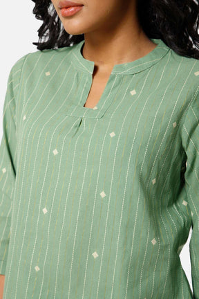 Mythri Manderian Collar 3/4th Sleeve Tab Top  - Green -  TO04