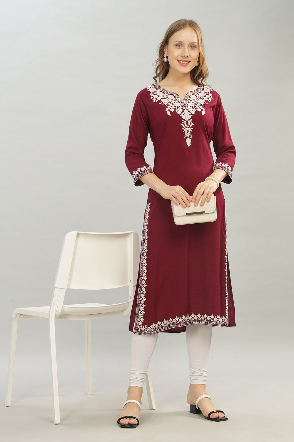 Mythri V Neck Straight Cut Kurta with 3/4 Sleeves - Maroon - KU45