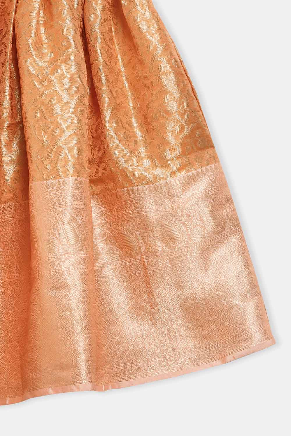Chittythalli Girls’ Asymmetric Neck Pavadai Set – Brocade Skirt & Cotton Top - Peach - PS50