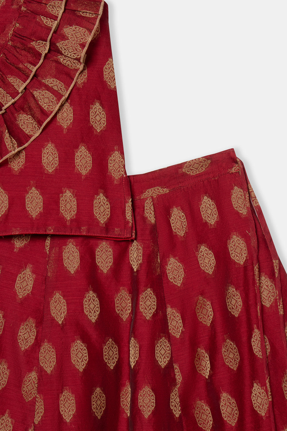 Chittythalli Girls Pavadai Set with Two-Layer Ruffle Top & Tassel-Detail Kali Skirt - Red - PS79