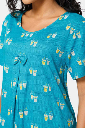 Naidu Hall  Round Neck Box Pleatted Short Sleeve Printed Nighty-Light blue - NT44