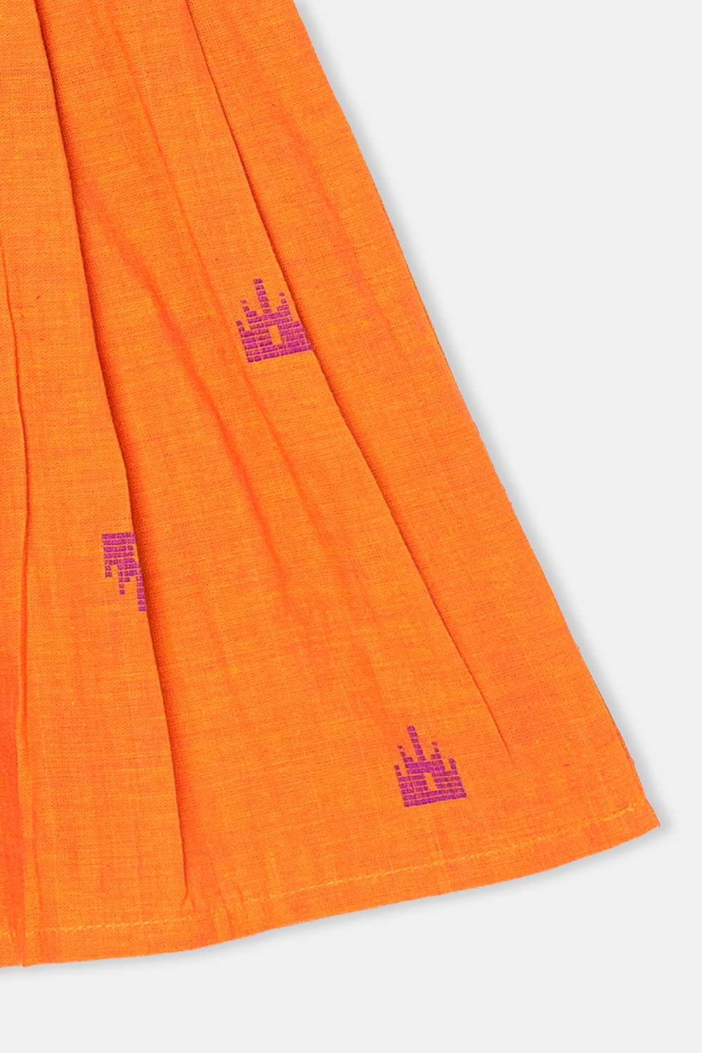 Chittythalli Girls Ethnic Frock Cotton Sleeveless Dress with Peter Pan Collar, Knife Pleats and Gathered Skirt- Orange - FR40