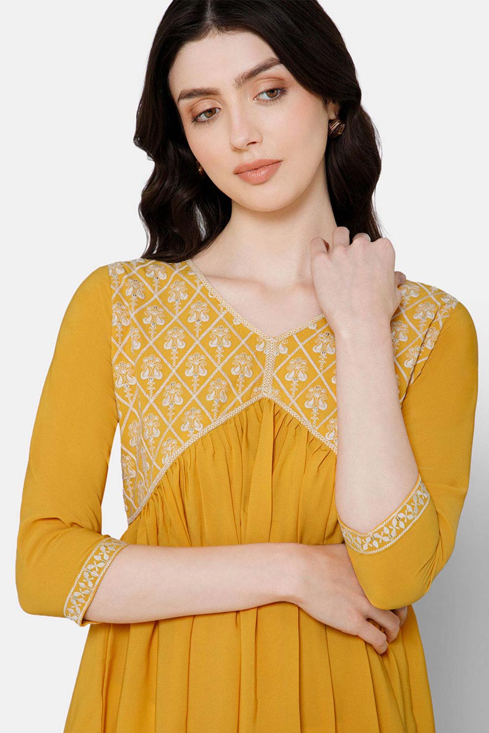 Mythri Women's Ethnic wear Kurthi with Elaborately Embroidered Front Yoke Design - Yellow - E071