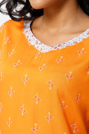 Naidu Hall  V Neck Ruffle Sleeve Printed Nighty-Orange - NT45