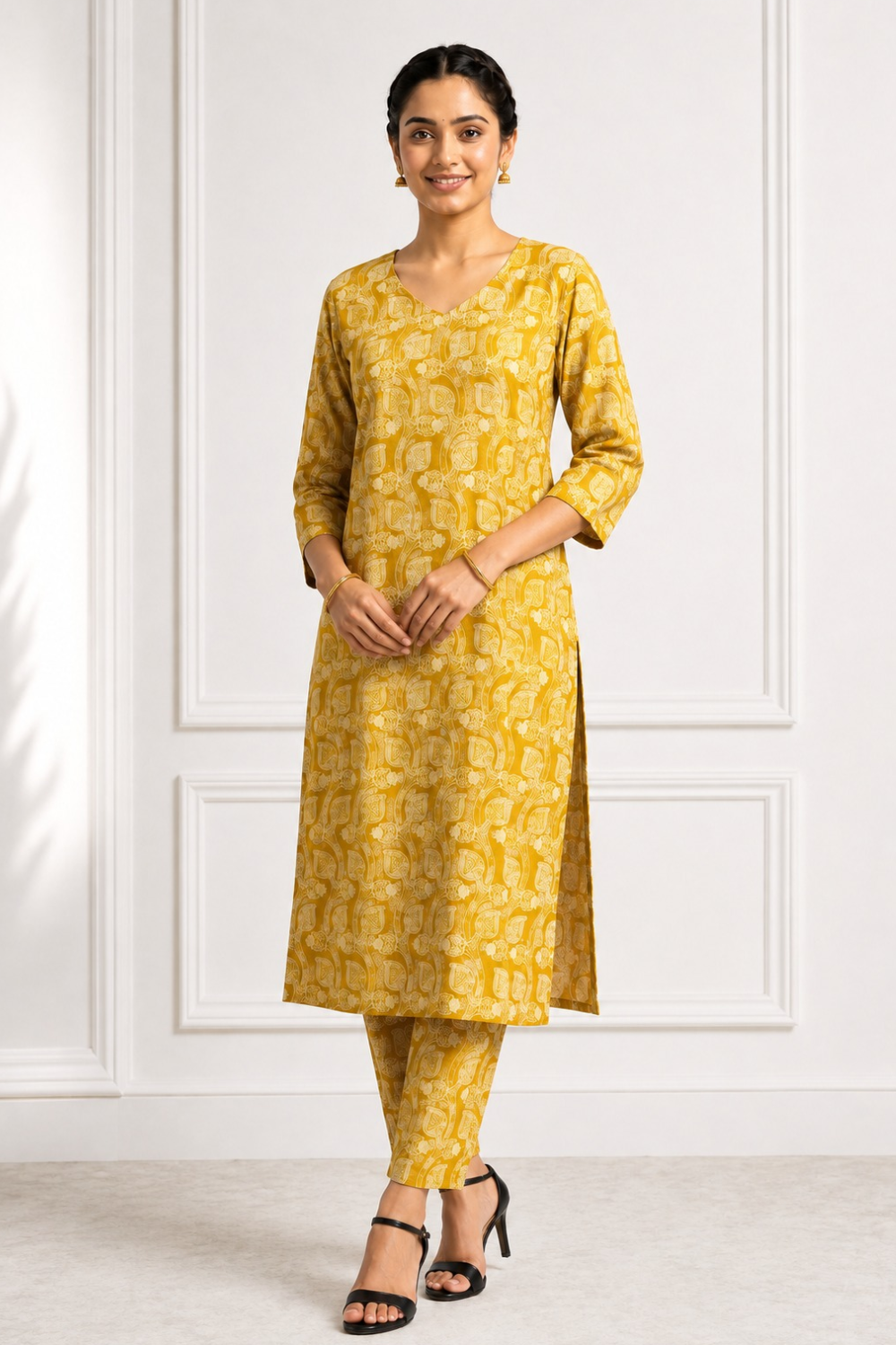 Women’s Cotton Blend Printed Kurti Set | V-Neck Below Knee Kurta Set with 3/4 Sleeves | Regular Fit Daily Office Casual Ethnic Wear for Women - 1910