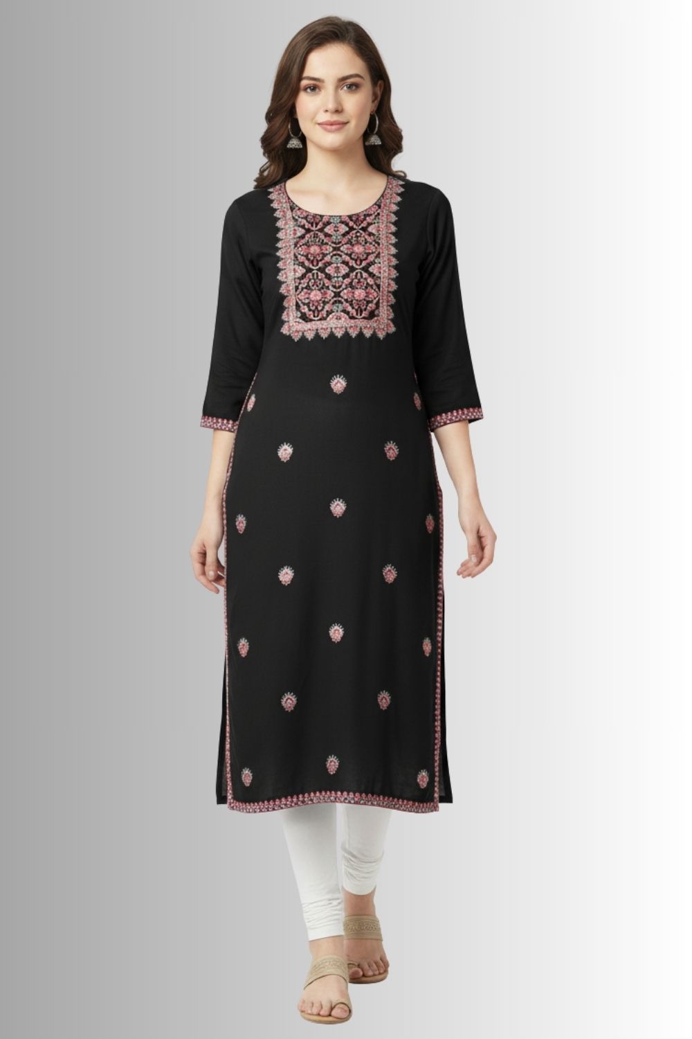 Women’s Printed Rayon Embroidered Kurthi with 3 4 Sleeves Below Knee Length - Black - S082