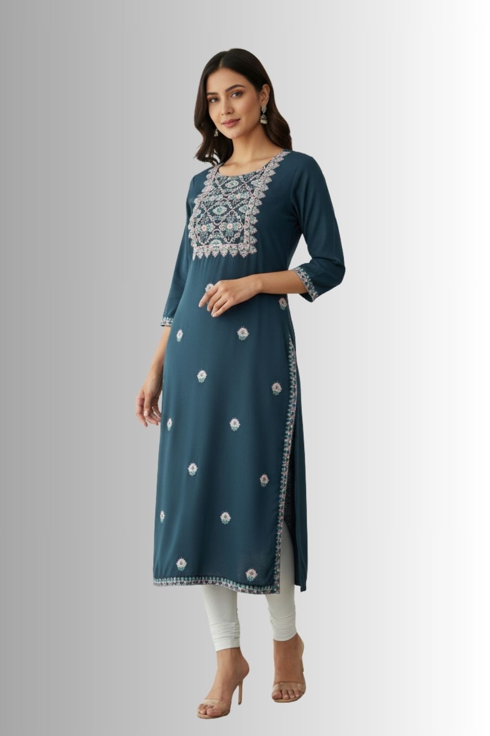 Women’s Printed Rayon Embroidered Kurthi with 3 4 Sleeves Below Knee Length - Dark Green - S082