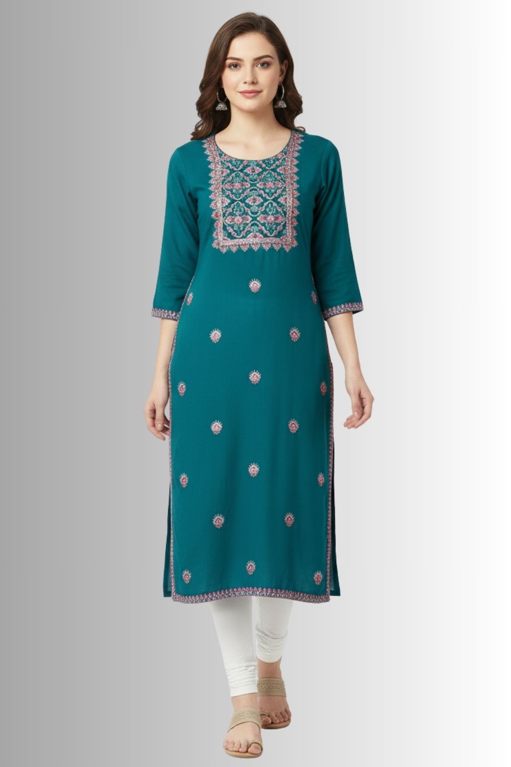 Women’s Printed Rayon Embroidered Kurthi with 3 4 Sleeves Below Knee Length - Green - S082