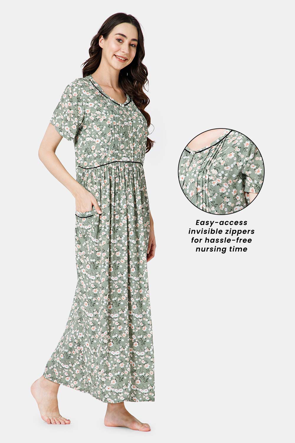 Naidu Hall Cotton V Neck Front Placket Short Sleeve Maternity Feeding Nighty  - Light Green - NT53