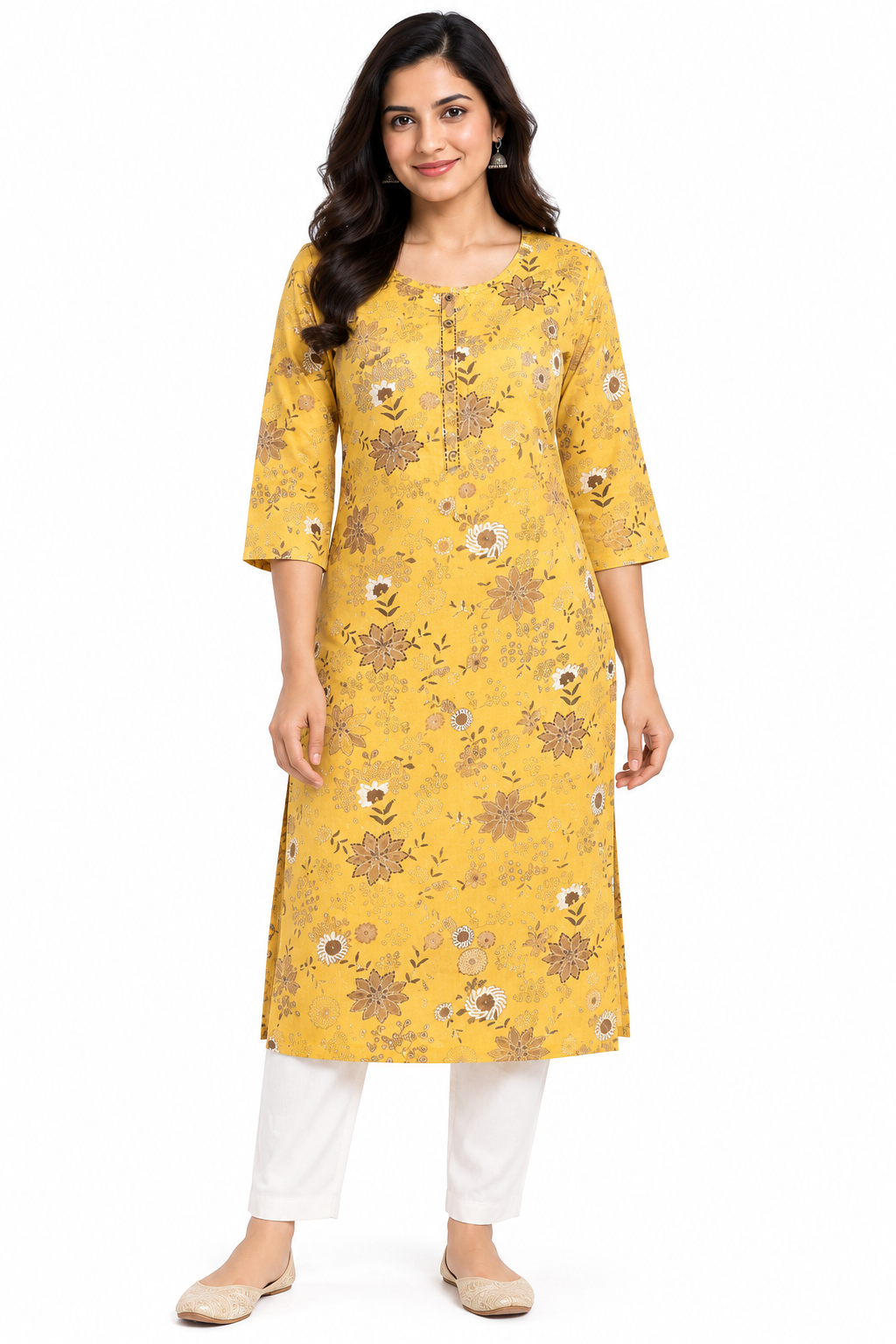 Women's Prints Cotton Blend Kurti with Round Neck, 3/4 Sleeve and Regular Fit - Below Knee | Casual Ethnic Wear Kurti for Daily Wear & Casual Outings - 3471