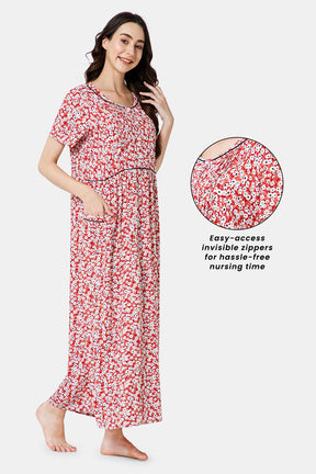 Naidu Hall Cotton V Neck Front Placket Short Sleeve Maternity Feeding Nighty  - Red - NT53