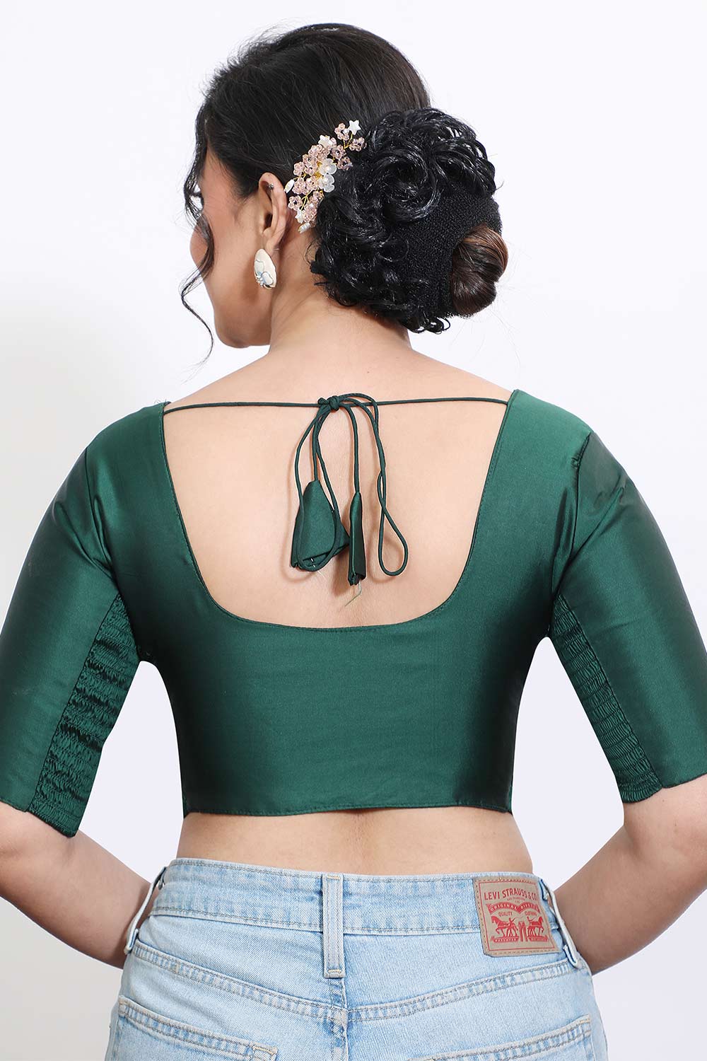 Women’s Stretchable Art Silk Ready Made Saree Blouse – Round Neck Elbow Sleeve Stretch Fit Blouse for Women | Solid Readymade Blouse for Saree - 9002