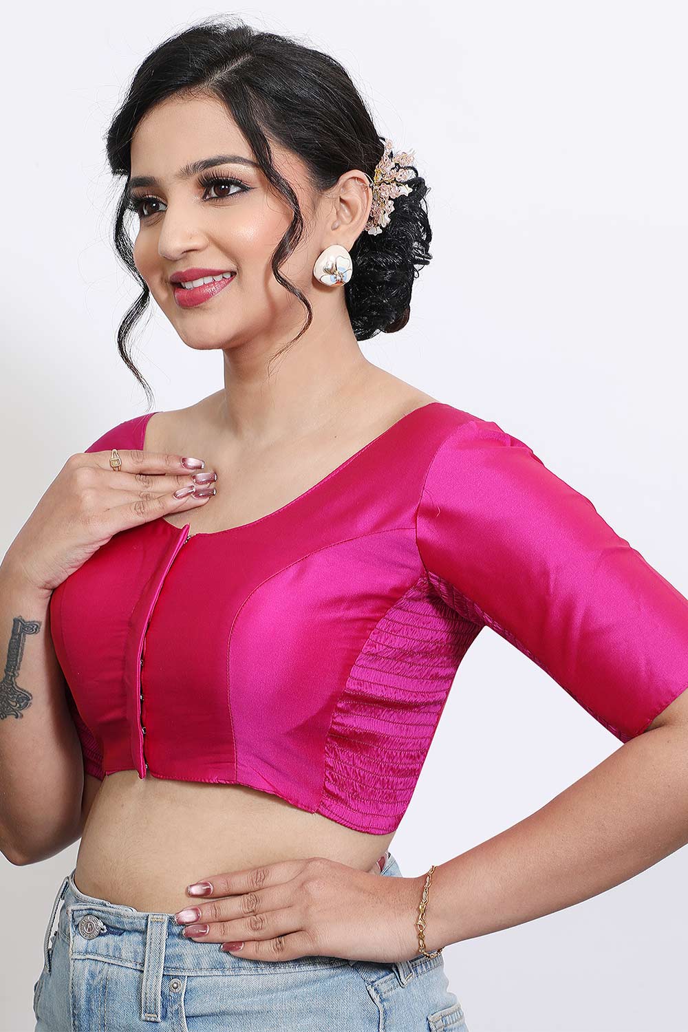 Women’s Stretchable Art Silk Ready Made Saree Blouse – Round Neck Elbow Sleeve Stretch Fit Blouse for Women | Solid Readymade Blouse for Saree - 9002