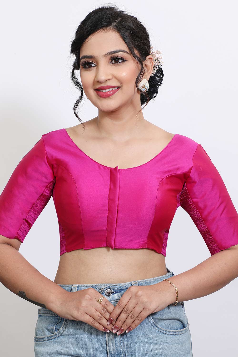 Women’s Stretchable Art Silk Ready Made Saree Blouse – Round Neck Elbow Sleeve Stretch Fit Blouse for Women | Solid Readymade Blouse for Saree - 9002