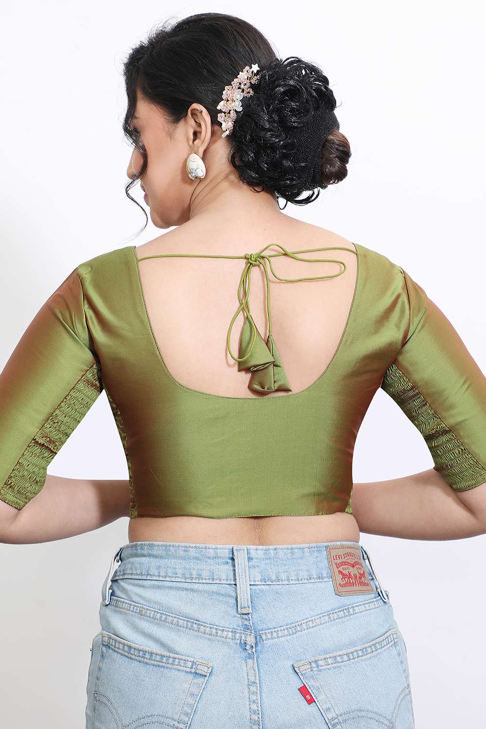 Women’s Stretchable Art Silk Ready Made Saree Blouse – Round Neck Elbow Sleeve Stretch Fit Blouse for Women | Solid Readymade Blouse for Saree - 9002