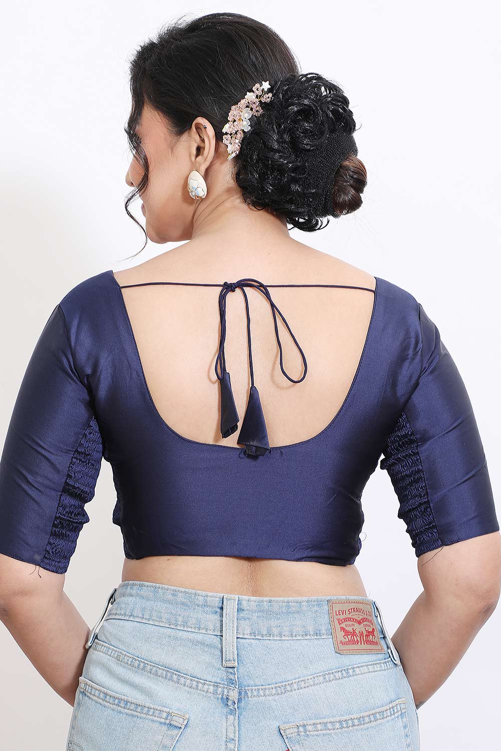 Women’s Stretchable Art Silk Ready Made Saree Blouse – Round Neck Elbow Sleeve Stretch Fit Blouse for Women | Solid Readymade Blouse for Saree - 9002