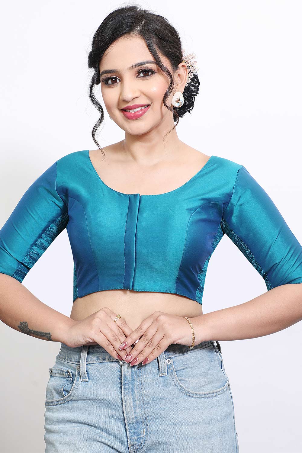 Women’s Stretchable Art Silk Ready Made Saree Blouse – Round Neck Elbow Sleeve Stretch Fit Blouse for Women | Solid Readymade Blouse for Saree - 9002