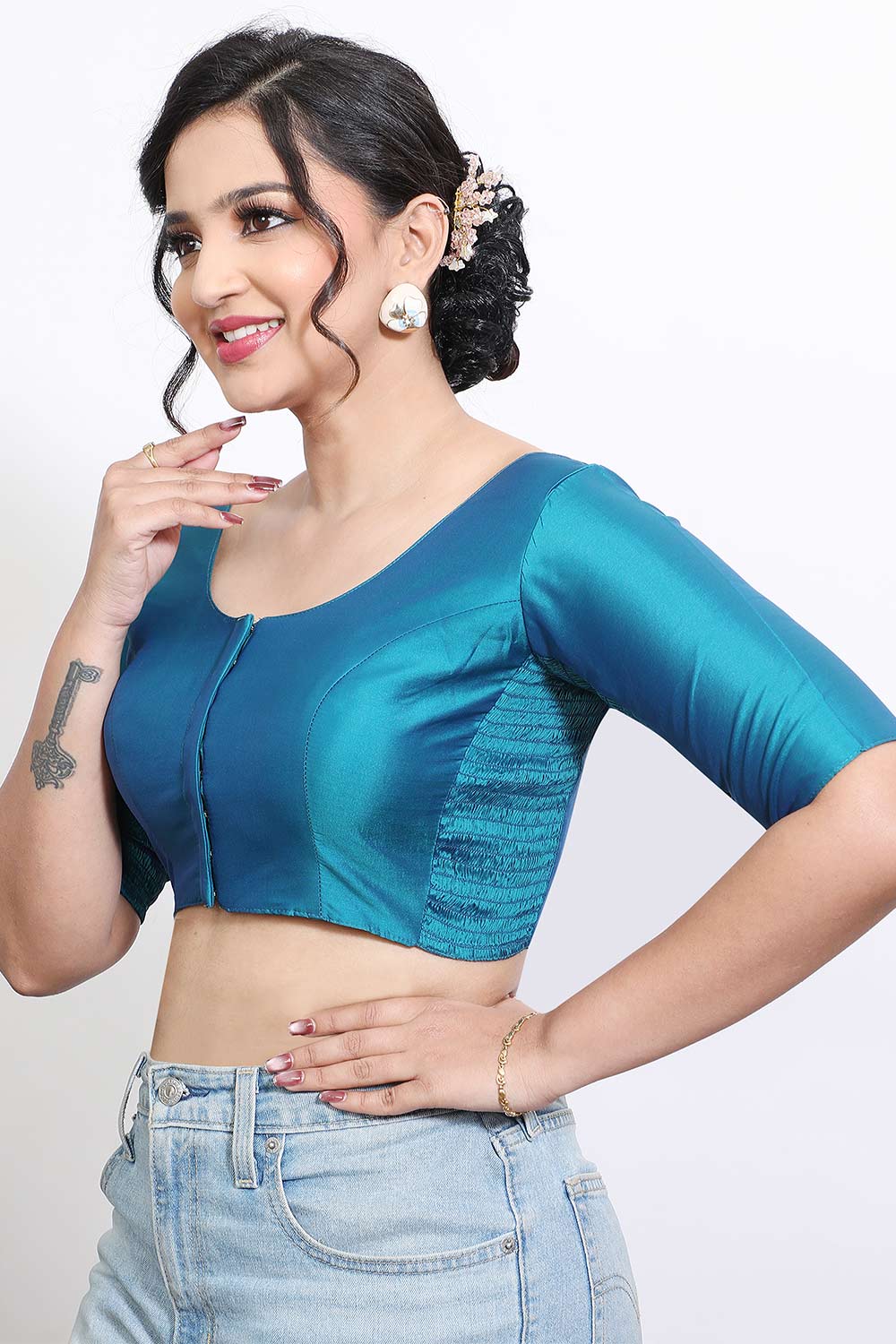 Women’s Stretchable Art Silk Ready Made Saree Blouse – Round Neck Elbow Sleeve Stretch Fit Blouse for Women | Solid Readymade Blouse for Saree - 9002