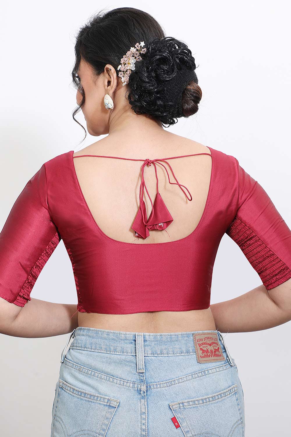 Women’s Stretchable Art Silk Ready Made Saree Blouse – Round Neck Elbow Sleeve Stretch Fit Blouse for Women | Solid Readymade Blouse for Saree - 9002