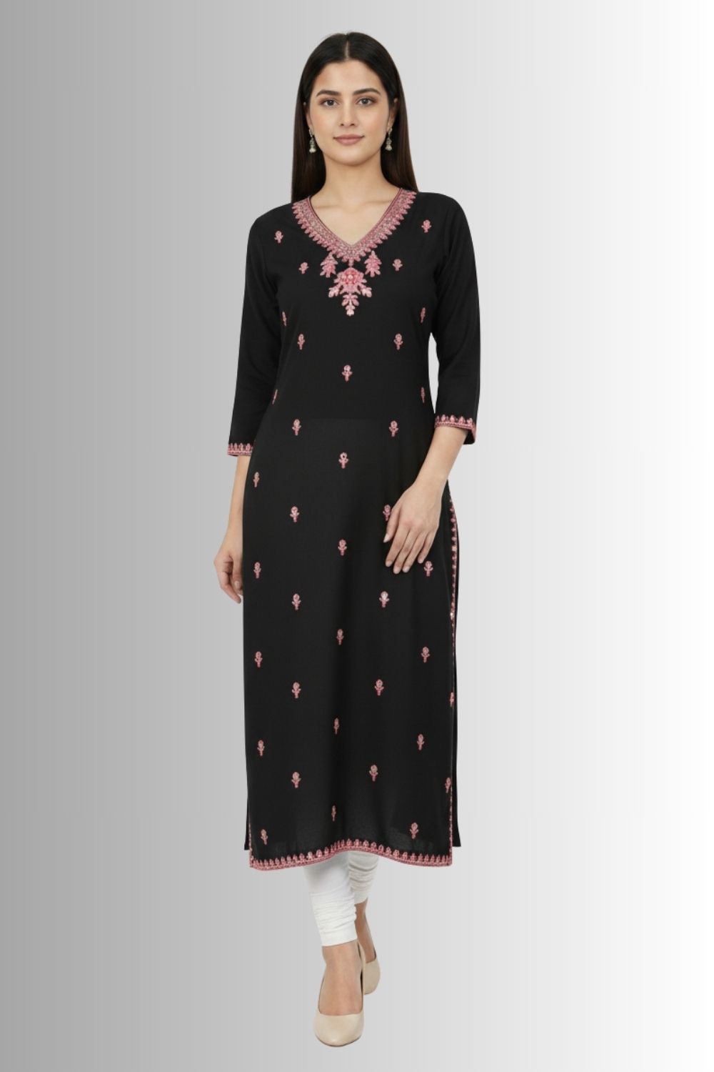 Women’s Printed Rayon Embroidered Kurthi with V Neck and 3/4 Sleeves Below Knee Length - Black - S098