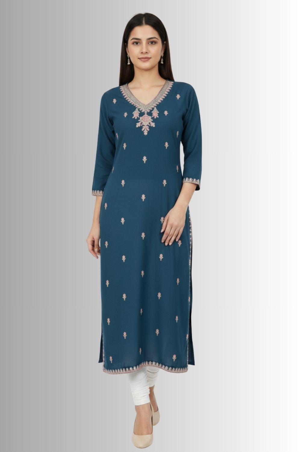 Women’s Printed Rayon Embroidered Kurthi with V Neck and 3/4 Sleeves Below Knee Length - Dark Green - S098