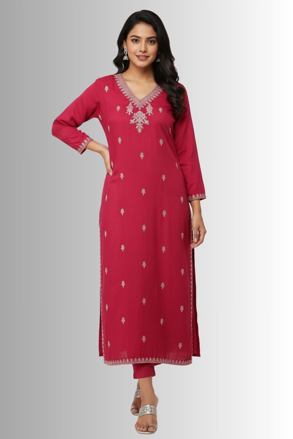 Women’s Printed Rayon Embroidered Kurthi with V Neck and 3/4 Sleeves Below Knee Length - Wine - S098