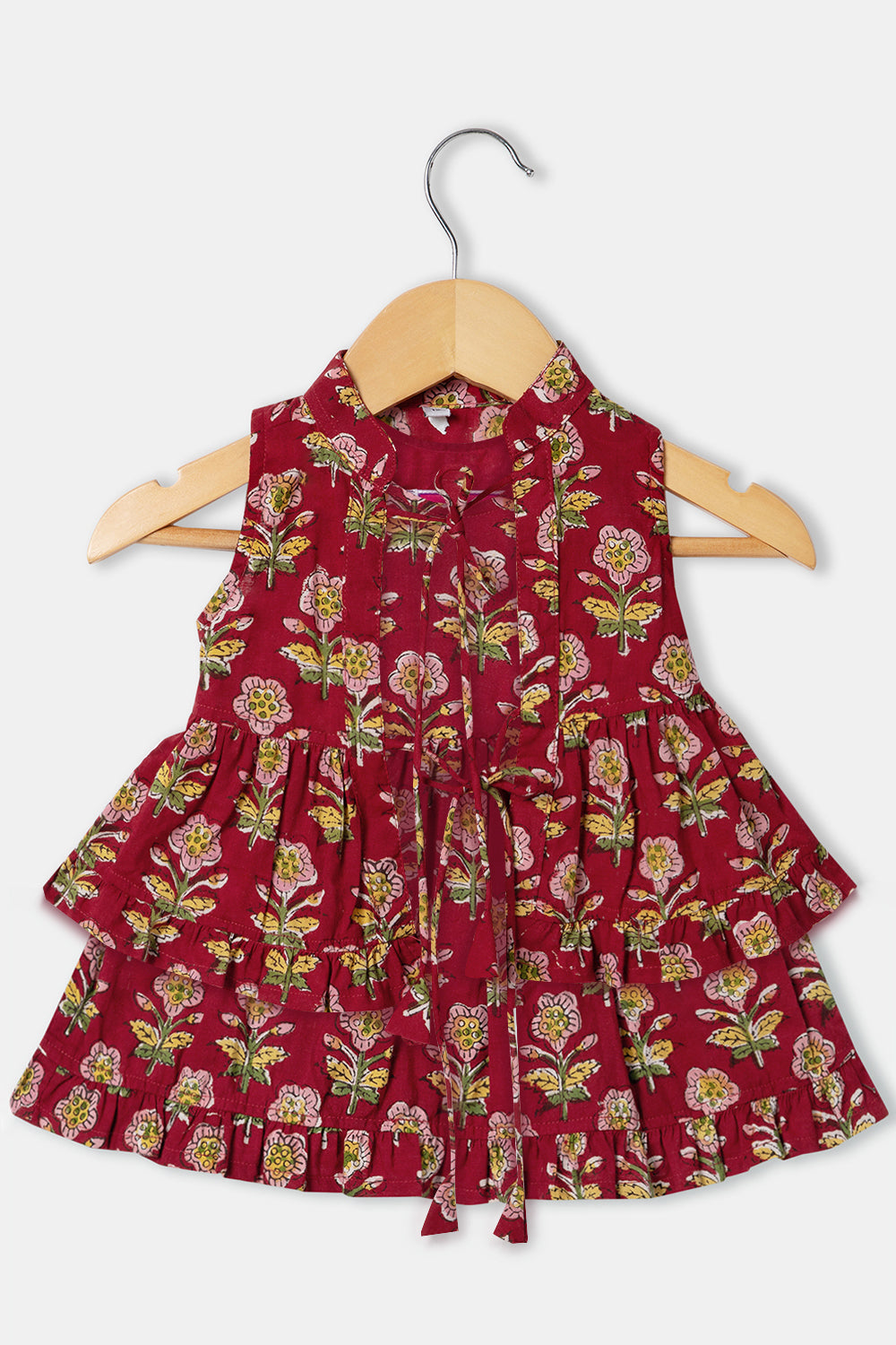 Chittythalli Girls Cotton Round Neck Red Frock with Mandarin Collar Overcoat - FR31