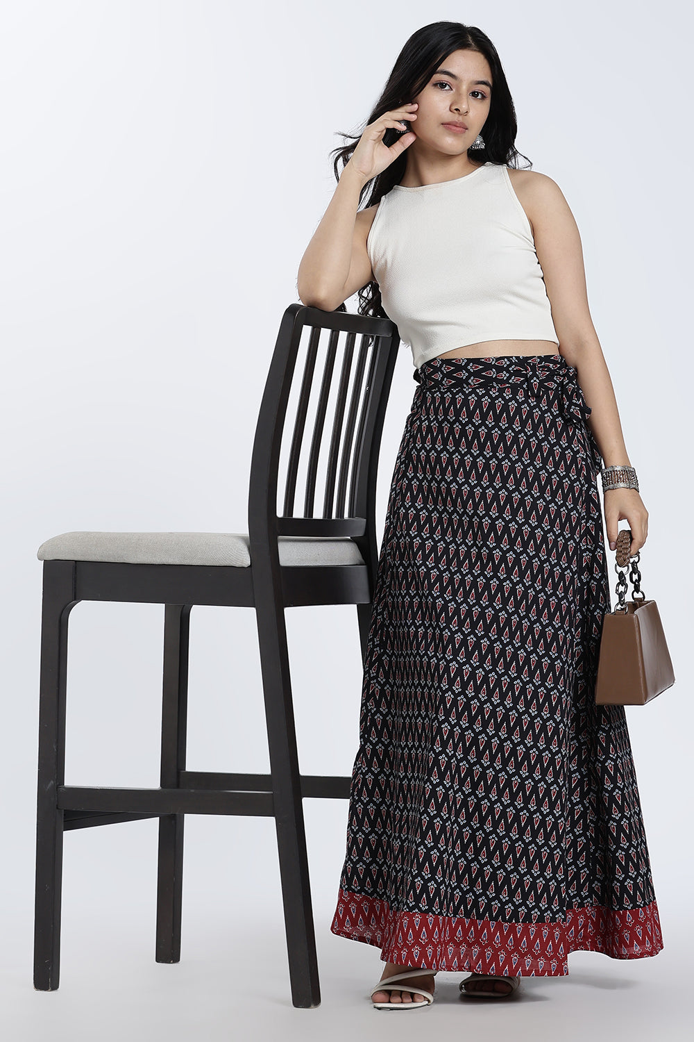 Mythri Women’s Geometric Print Wrap Skirt – Cotton Blend Tie-Up Long Skirt for Women | Indo-Western Casual Wear - SK08