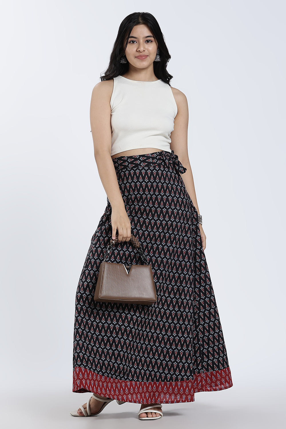 Mythri Women’s Geometric Print Wrap Skirt – Cotton Blend Tie-Up Long Skirt for Women | Indo-Western Casual Wear - SK08