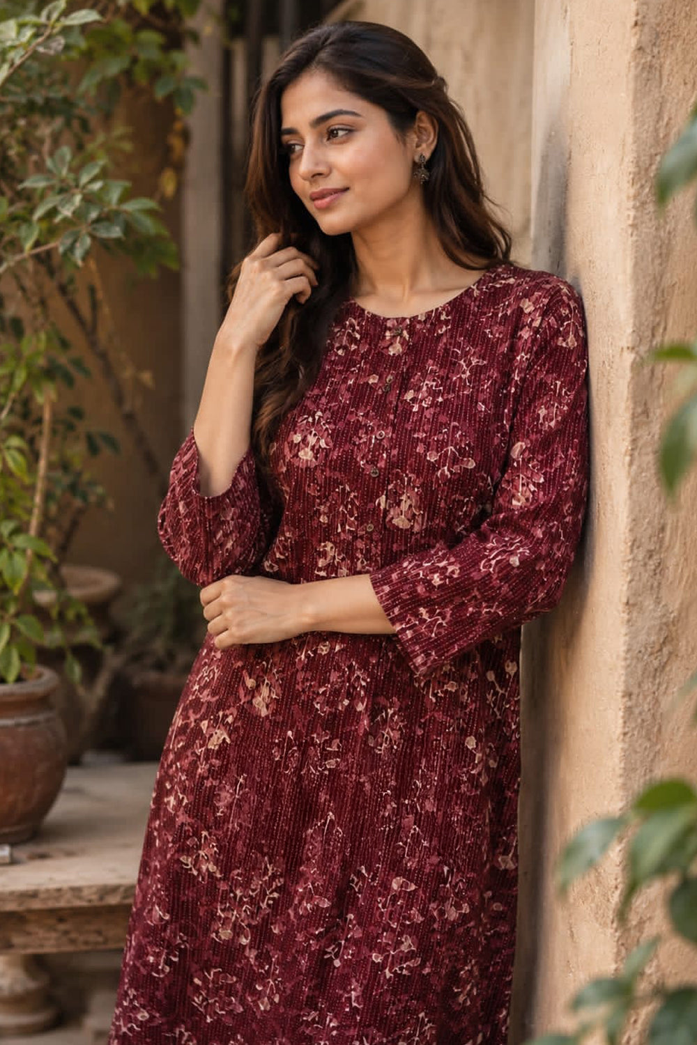 Women's Prints Cotton Blend Kurti with Round Neck, 3/4 Sleeve and Regular Fit - Below Knee | Casual Ethnic Wear Kurti for Daily Wear & Casual Outings - 2085