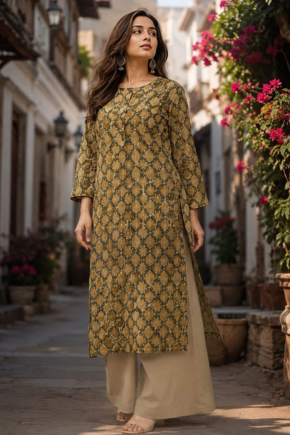 Women's Prints Cotton Blend Kurti with Round Neck, 3/4 Sleeve and Regular Fit - Below Knee | Casual Ethnic Wear Kurti for Daily Wear & Casual Outings - 2086