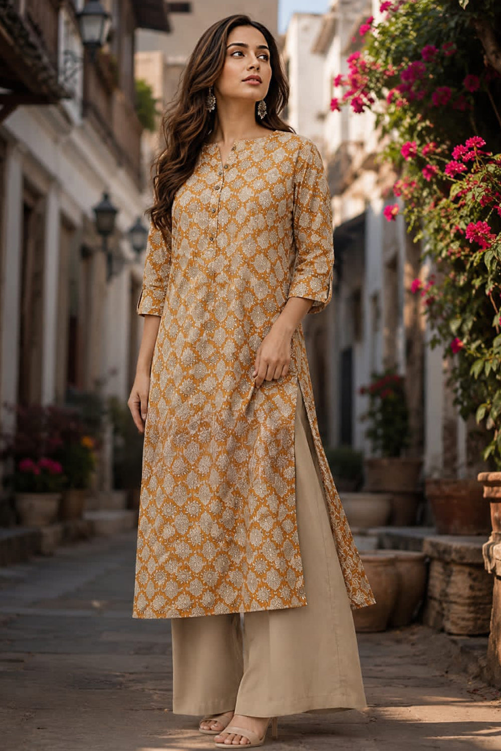 Women's Prints Cotton Blend Kurti with Round Neck, 3/4 Sleeve and Regular Fit - Below Knee | Casual Ethnic Wear Kurti for Daily Wear & Casual Outings - 2086