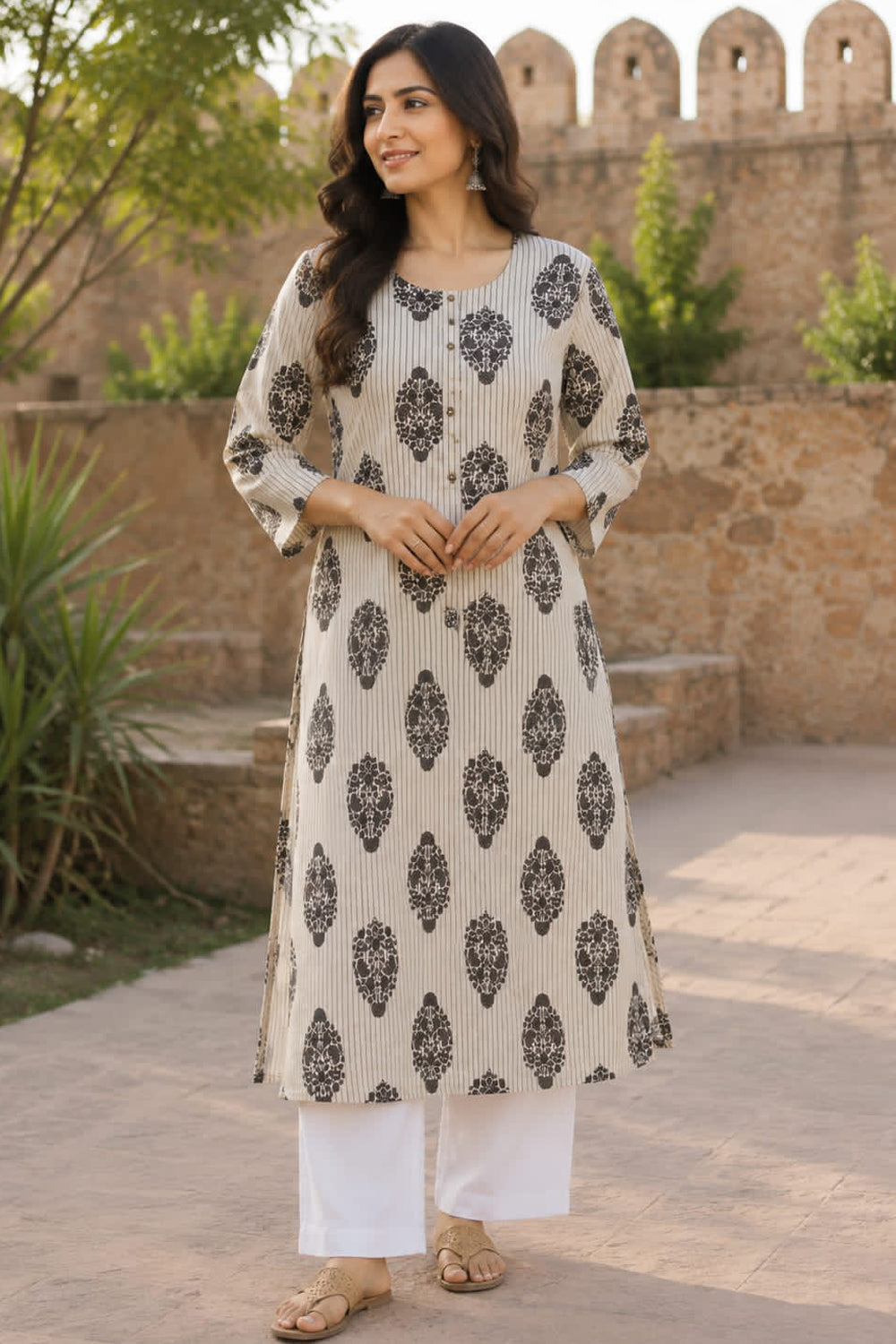 Women's Prints Cotton Blend Kurti with Round Neck, 3/4 Sleeve and Regular Fit - Below Knee | Casual Ethnic Wear Kurti for Daily Wear & Casual Outings - 2101