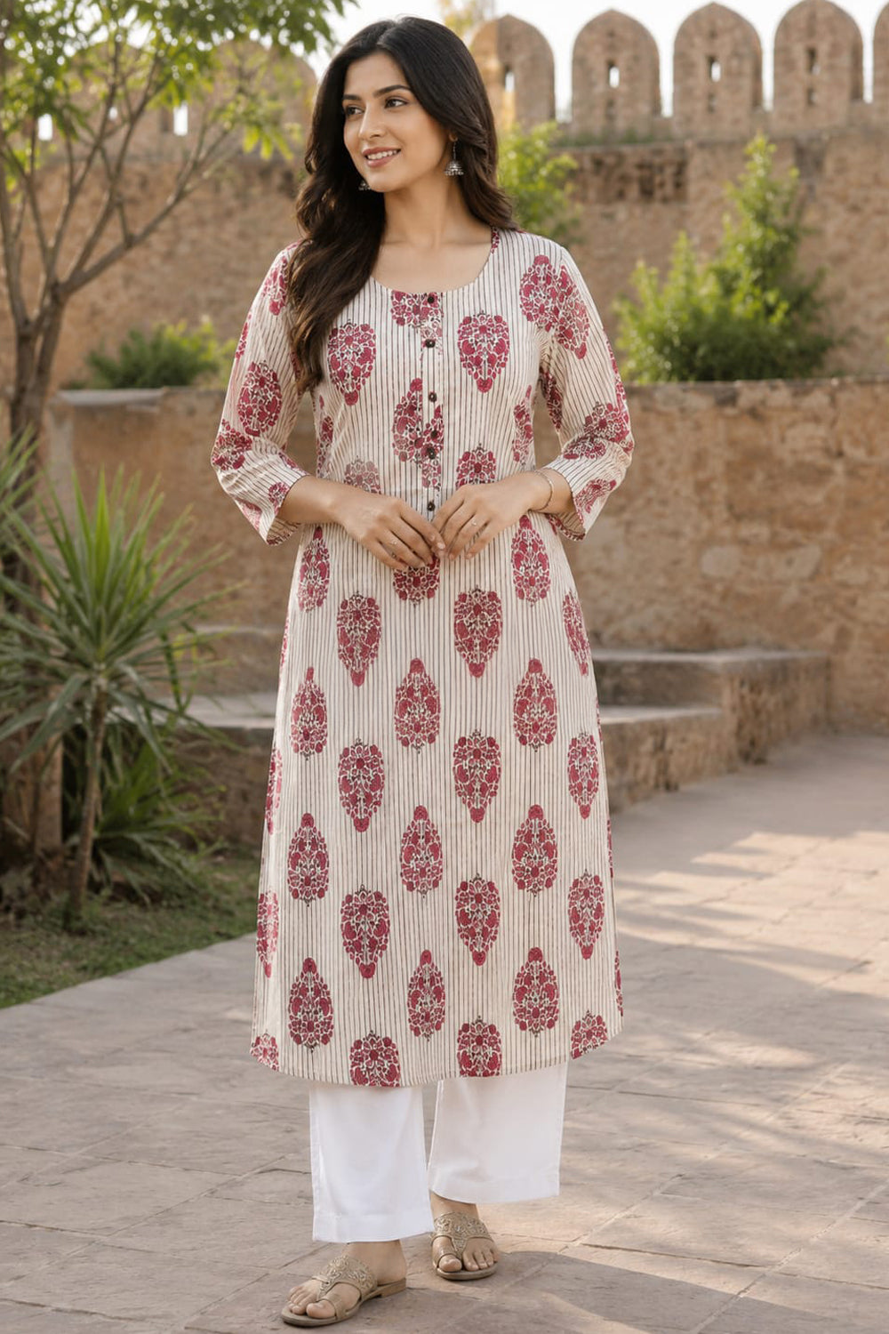 Women's Prints Cotton Blend Kurti with Round Neck, 3/4 Sleeve and Regular Fit - Below Knee | Casual Ethnic Wear Kurti for Daily Wear & Casual Outings - 2101