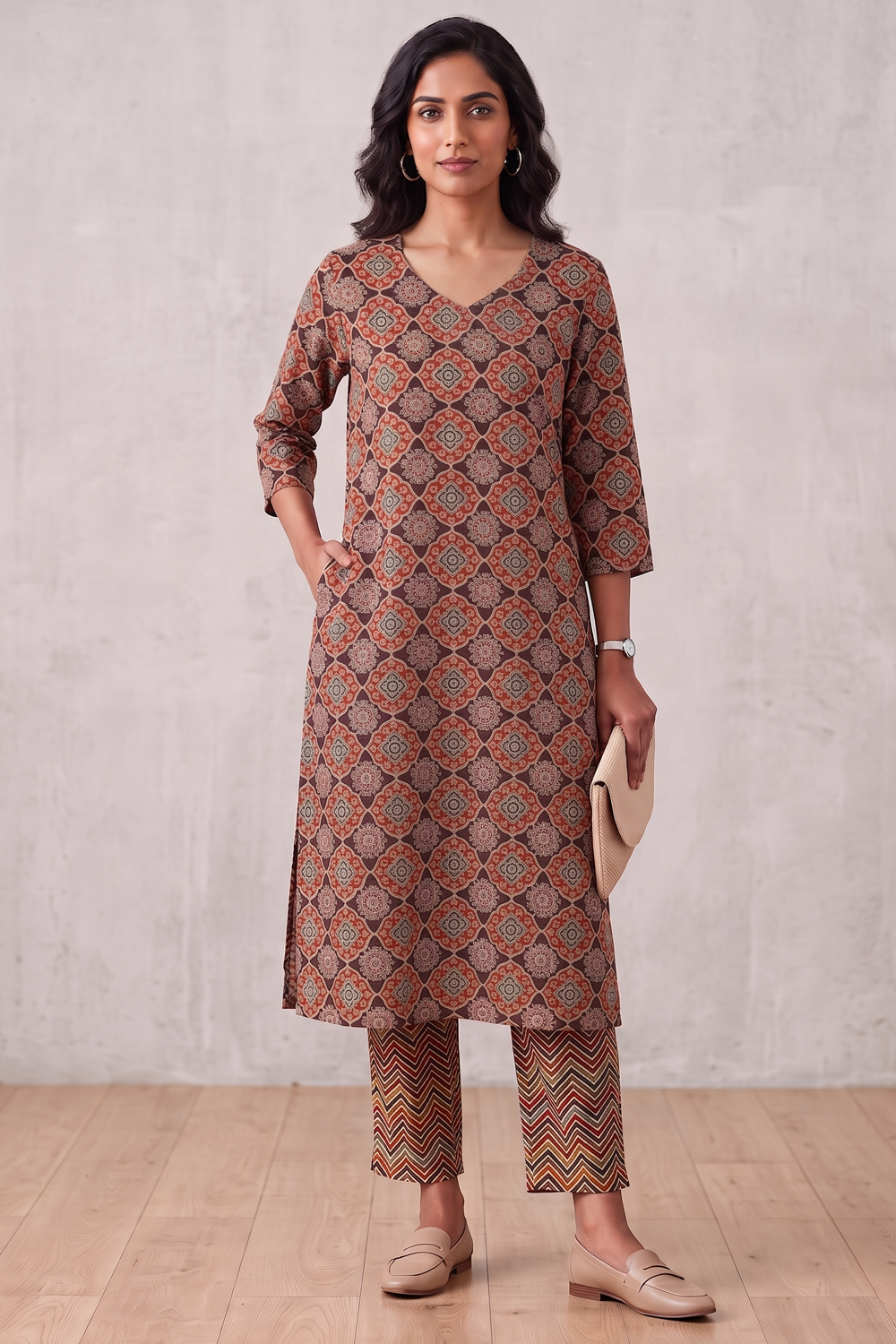 Women's Prints Cotton Blend Kurta Set with Round Neck, 3/4 Sleeve and Regular Fit - Below Knee | Everyday Ethnic Wear Kurta Set for Office Wear & Daily Wear - 2107