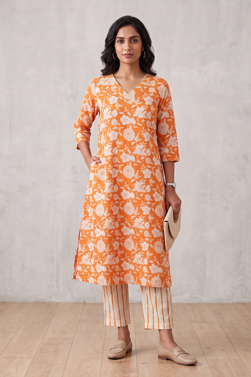 Women's Prints Cotton Blend Kurta Set with V Neck, 3/4 Sleeve and Regular Fit - Below Knee | Everyday Ethnic Wear Kurta Set for Office Wear & Daily Wear - 2108