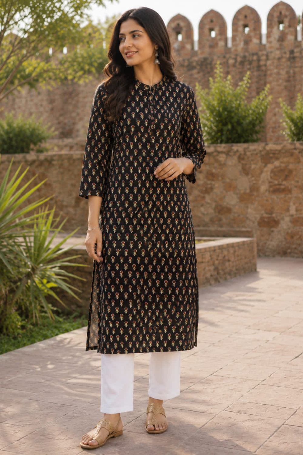 Women's Prints Cotton Blend Kurti with Mandarin Collar, 3/4 Sleeve and Regular Fit - Below Knee | Casual Ethnic Wear Kurti for Daily Wear & Casual Outings - 2132