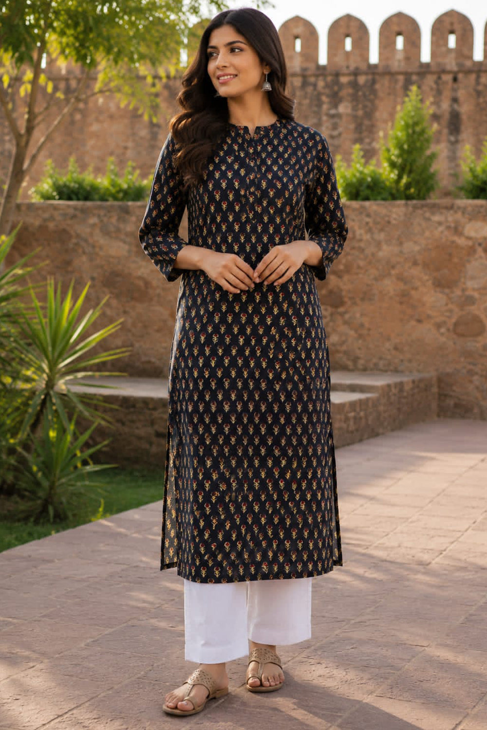 Women's Prints Cotton Blend Kurti with Mandarin Collar, 3/4 Sleeve and Regular Fit - Below Knee | Casual Ethnic Wear Kurti for Daily Wear & Casual Outings - 2132