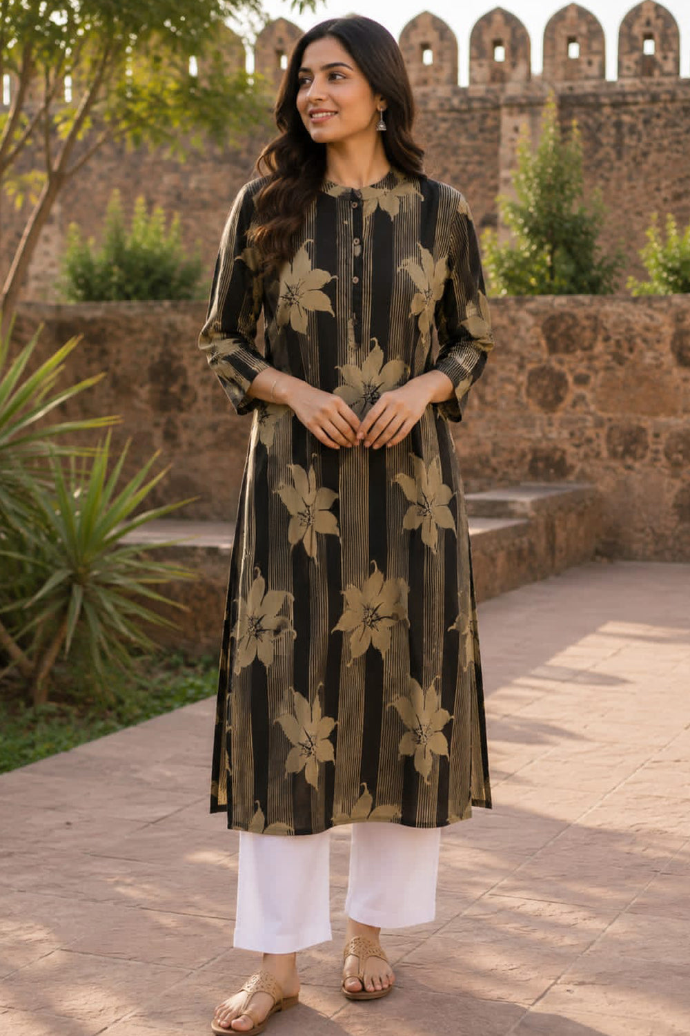 Women's Prints Cotton Blend Kurti with Mandarin Collar, 3/4 Sleeve and Regular Fit - Below Knee | Casual Ethnic Wear Kurti for Daily Wear & Casual Outings - 2133