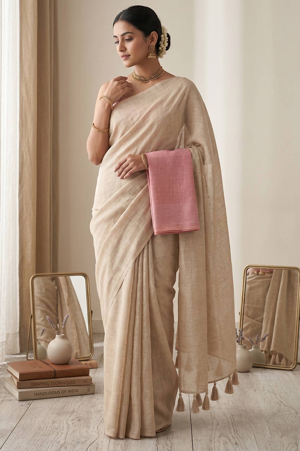 Womens Beige Cotton Saree with Blouse – Embroidered Cotton Rich Saree for Women | Traditional Ethnic Wear - WS03